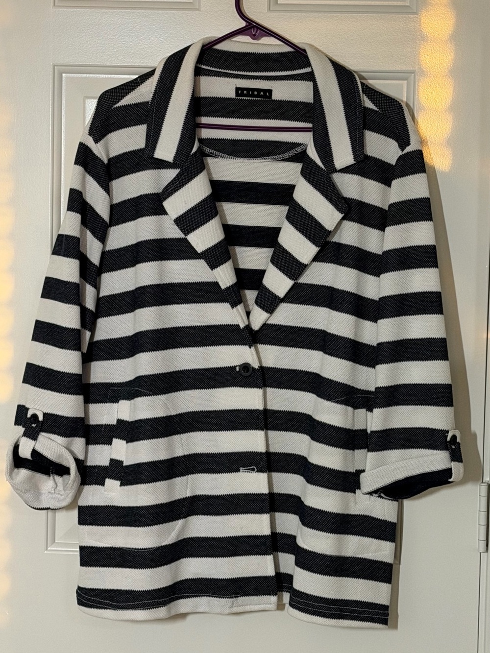 Tribal Blue & White Striped Knit Blazer